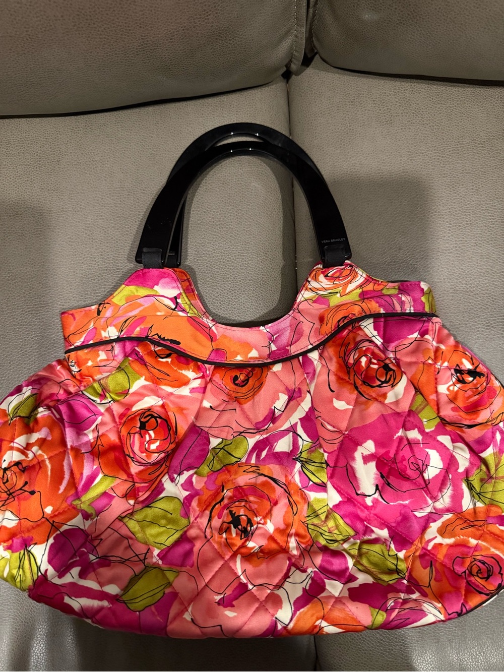 Vera Bradley Pink, Orange & Green Floral Quilted Tote with Black Handles